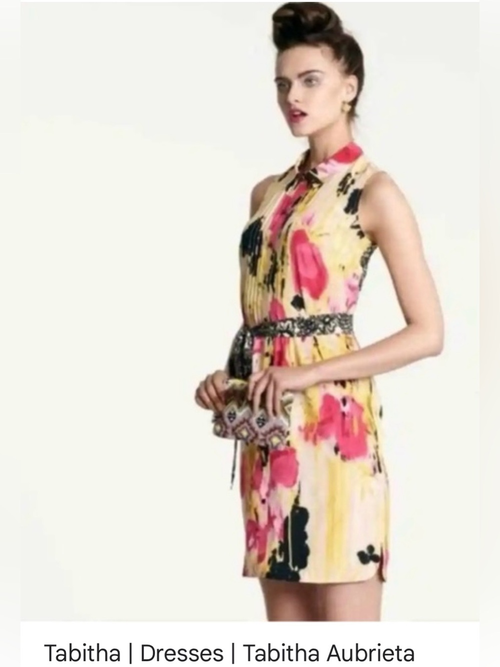 Tabitha Silk Yellow Floral Collared Mini Dress with Pink Accents